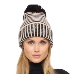 Kate Spade Wool Blend Beanie Striped Black White Pom Size OS